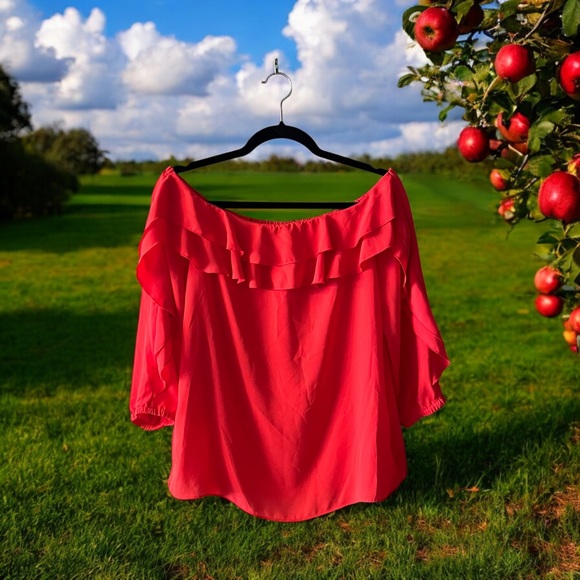 *HOST PICK* NWT INC. International Concepts Bright Coral Red Ruffle Top - Picture 12 of 12